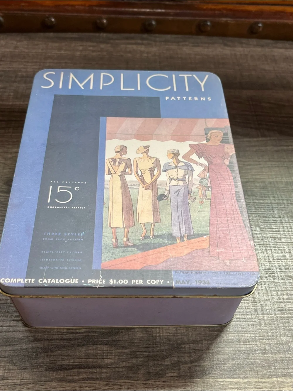 Simplicity Patterns Vintage-Inspired Tin. Cute for sewing items or a craft room